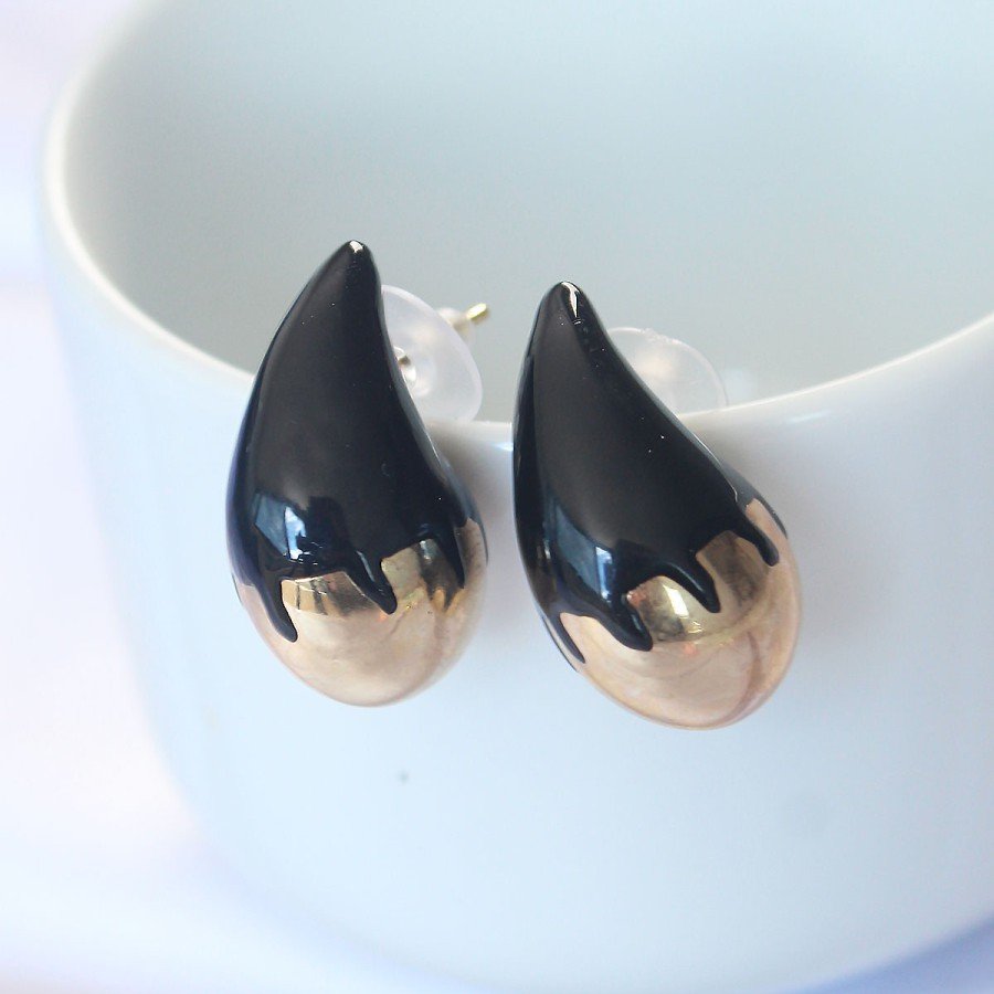 Minimal Black Enameled Double Color Drop Earrings