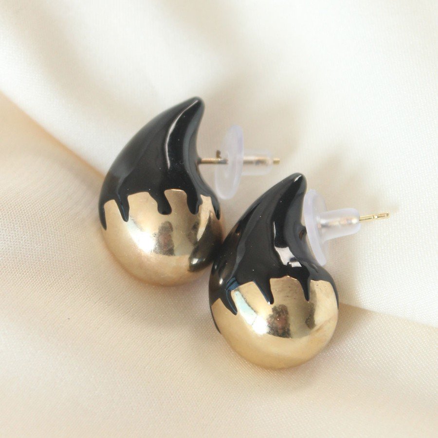 Minimal Black Enameled Double Color Drop Earrings