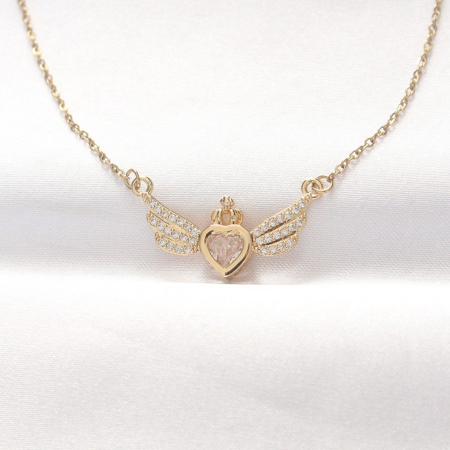 316L Steel Gold Color Zircon Stone Heart Wing Necklace