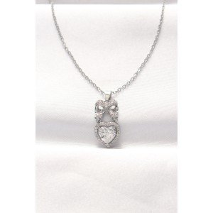 316L Steel Silver Color Zircon Stone Heart Bow Necklace