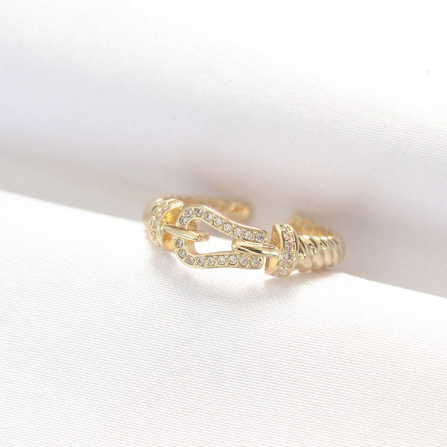 Gold Color Zircon Stone Adjustable Ring with Belt Buckle Design