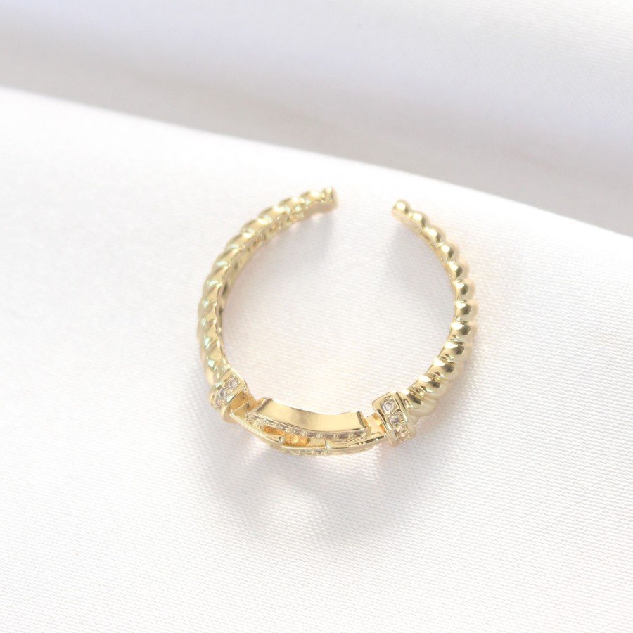 Gold Color Zircon Stone Adjustable Ring with Belt Buckle Design