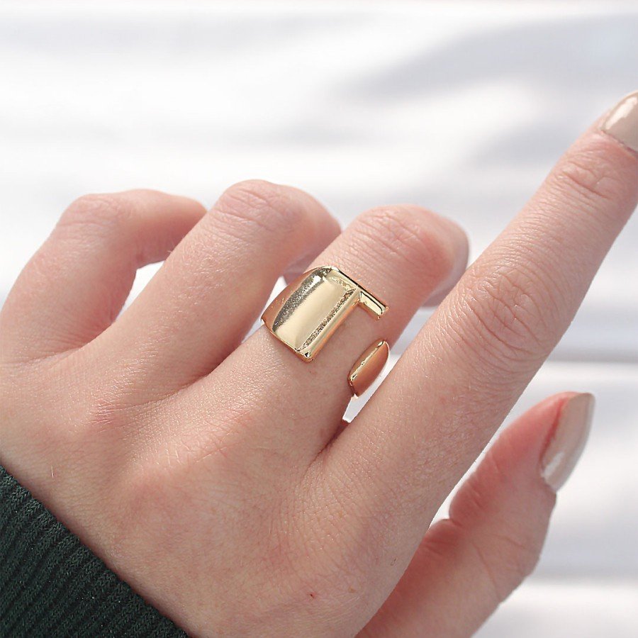 Gold Color Adjustable Ring with Letter T