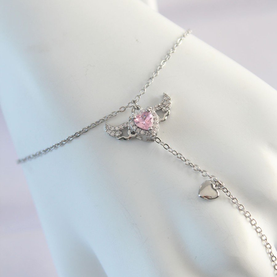 316L Steel Silver Color Pink Zircon Stone Winged Heart Model Shahmeran