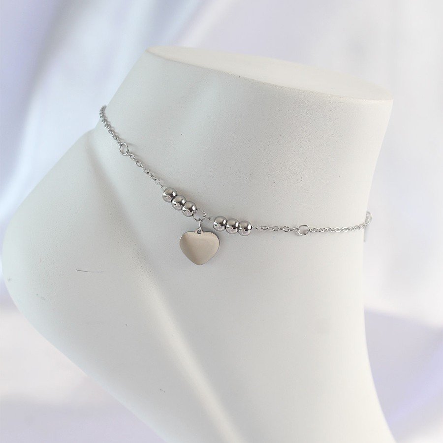 316L Steel Silver Color Zircon Stone Detailed Heart Anklet