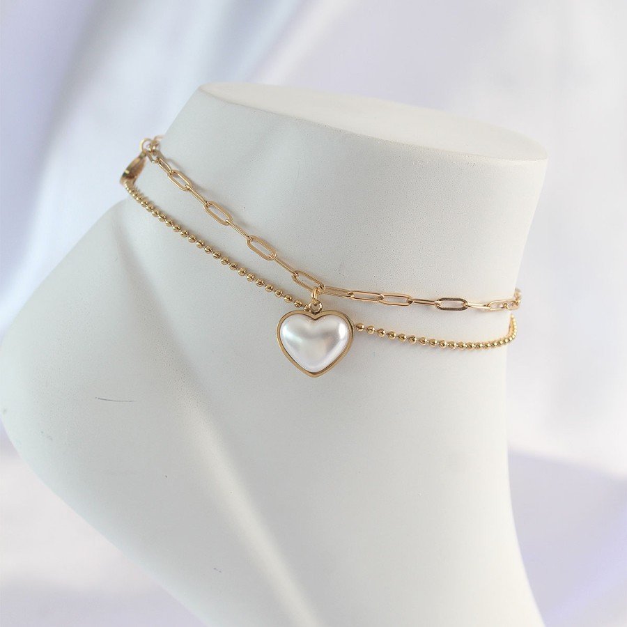 316L Steel Gold Color White Heart Anklet of 2