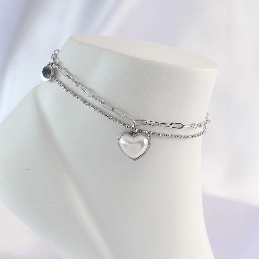 316L Steel Silver Color White Heart 2 Piece Anklet