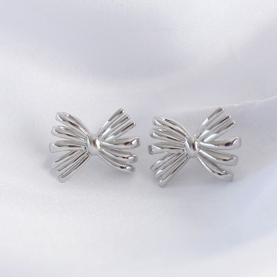 Brass Silver Color Bow Earrings