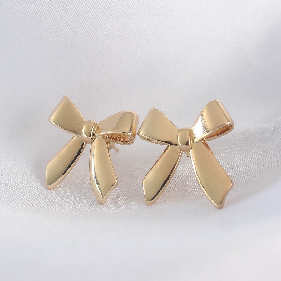 Brass Gold Color Flat Plate Bow Earrings