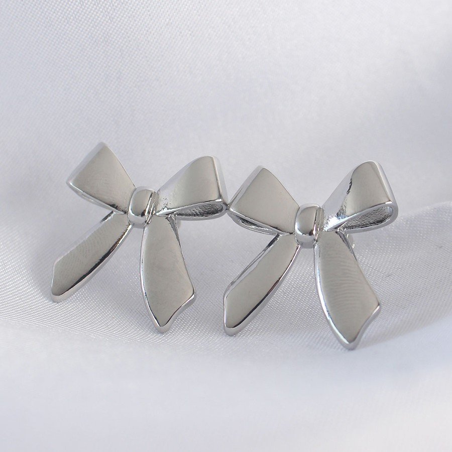 Brass Silver Color Flat Plate Bow Earrings