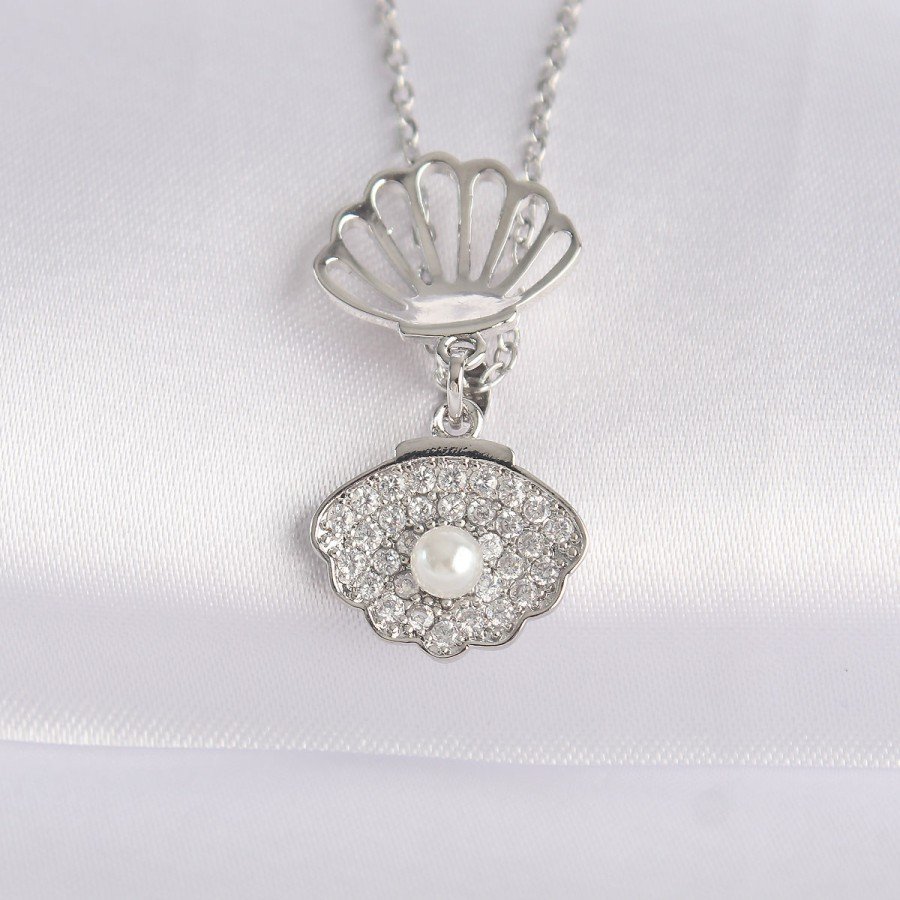 316L Steel Chain Silver Color Zircon Stone Pearl Detail Oyster Necklace