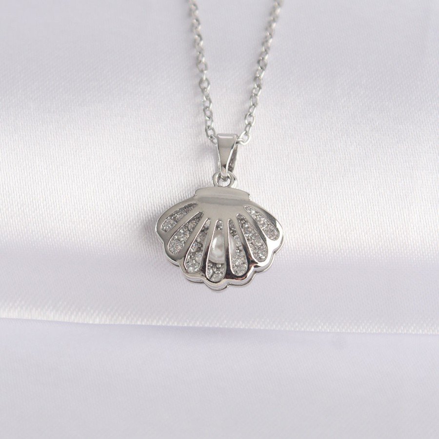 316L Steel Chain Silver Color Zircon Stone Pearl Detail Oyster Necklace