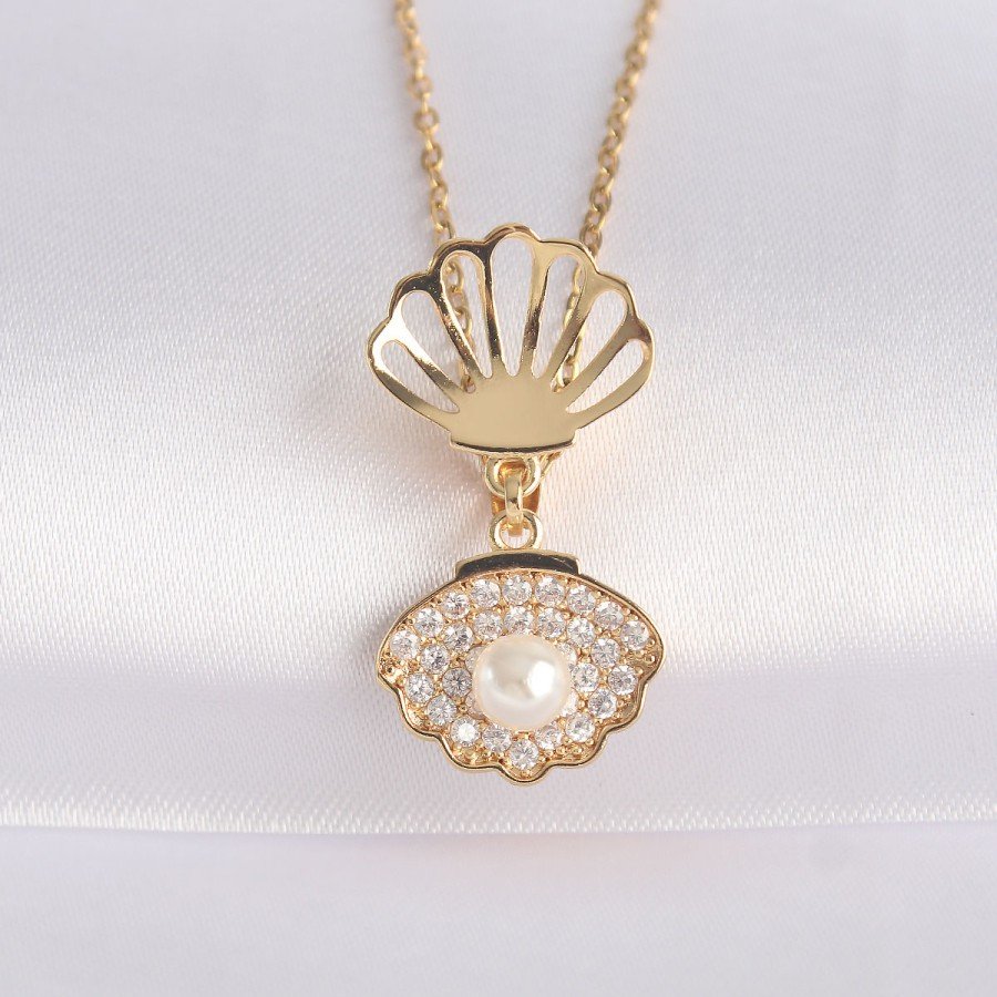 316L Steel Chain Gold Color Zircon Stone Pearl Detail Oyster Necklace 316L Steel Chain Gold Color Zircon Stone Pearl Detail Oyster Necklace