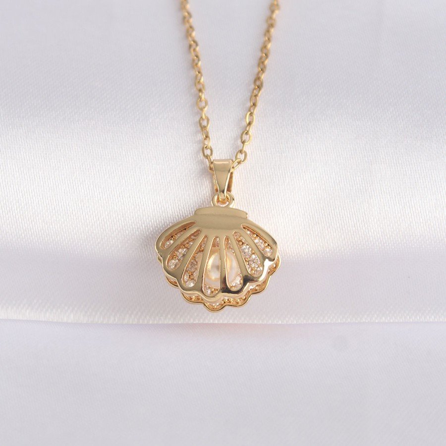 316L Steel Chain Gold Color Zircon Stone Pearl Detail Oyster Necklace 316L Steel Chain Gold Color Zircon Stone Pearl Detail Oyster Necklace