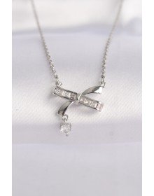 316L Steel Chain Silver Color Zircon Stone Heart Detail Bow Necklace