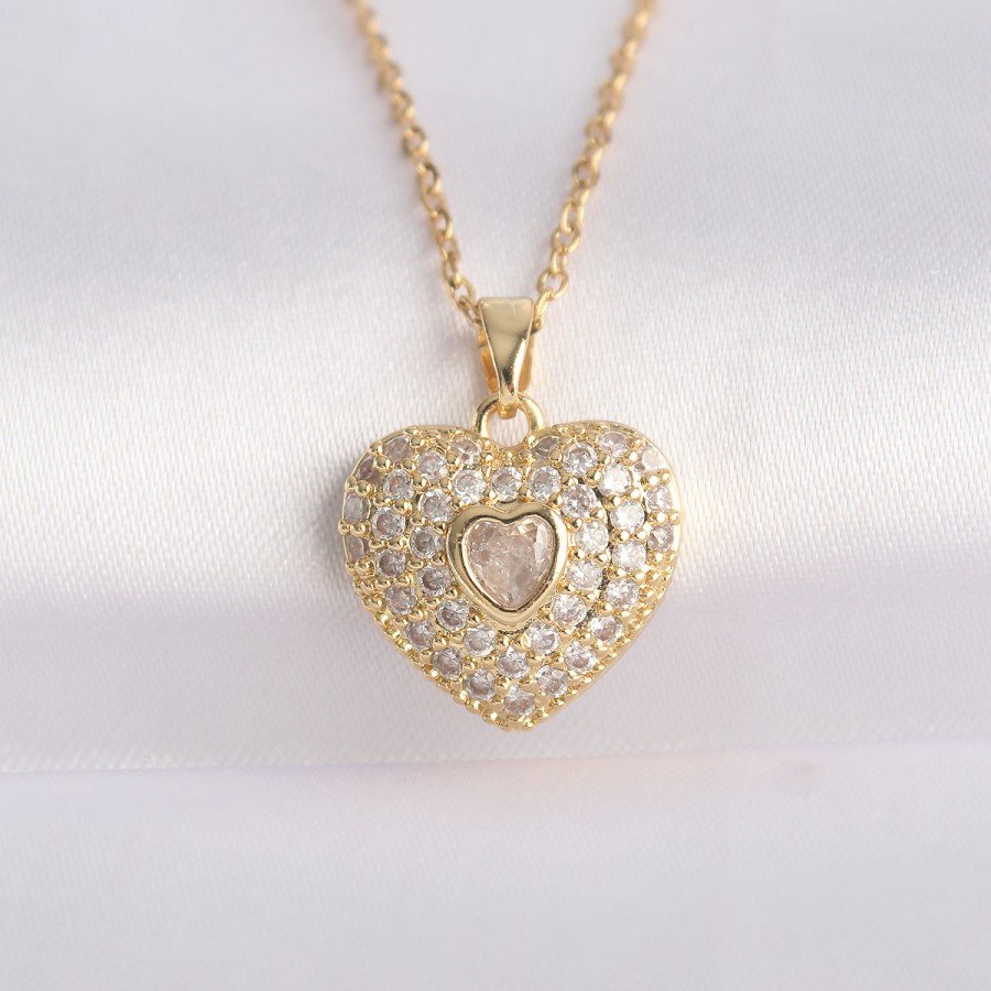 316L Steel Chain Gold Color Zircon Stone Heart Necklace