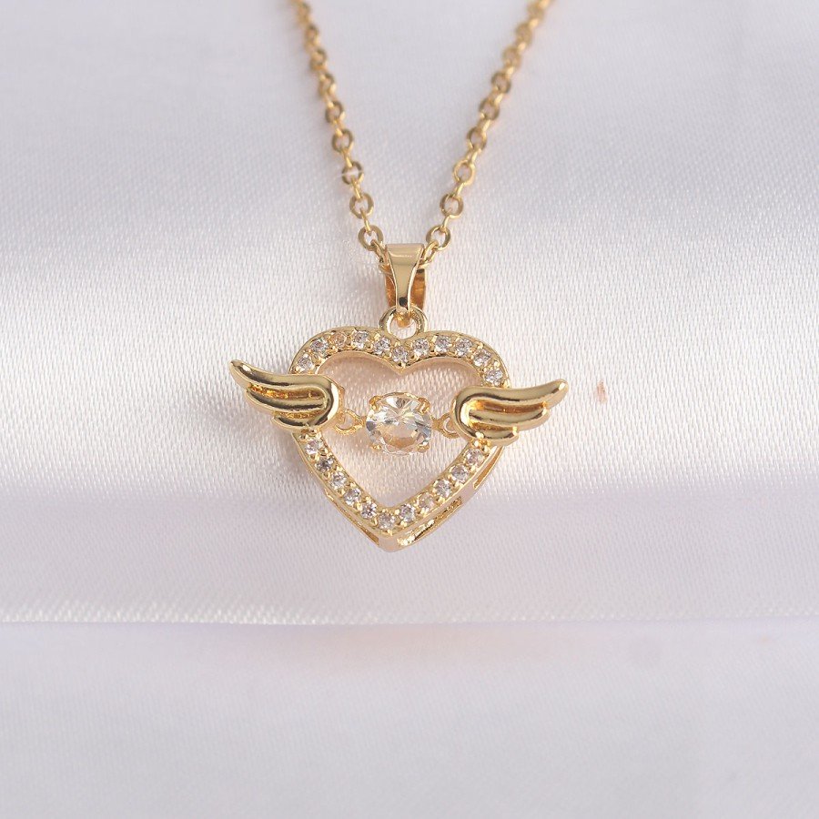 316L Steel Chain Gold Color Zircon Stone Winged Heart Necklace