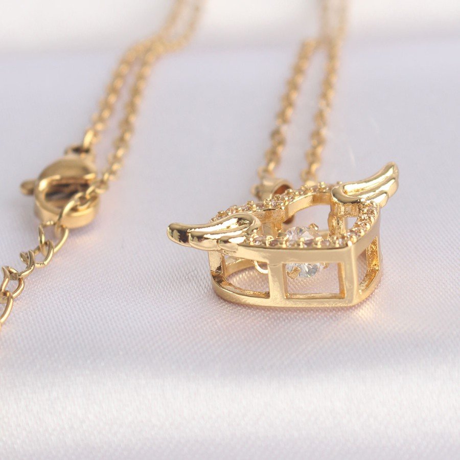 316L Steel Chain Gold Color Zircon Stone Winged Heart Necklace