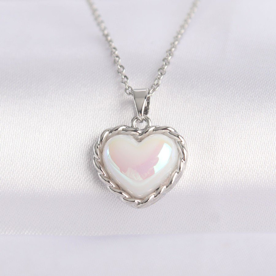316L Steel Chain Silver Color White Stone Convex Heart Necklace