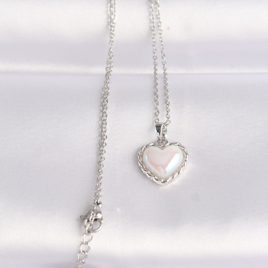 316L Steel Chain Silver Color White Stone Convex Heart Necklace