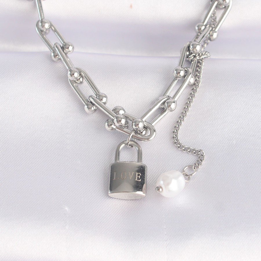 316L Steel Chain Silver Color Chain Love Written Lock Necklace 316L Steel Chain Silver Color Chain Love Written Lock Necklace