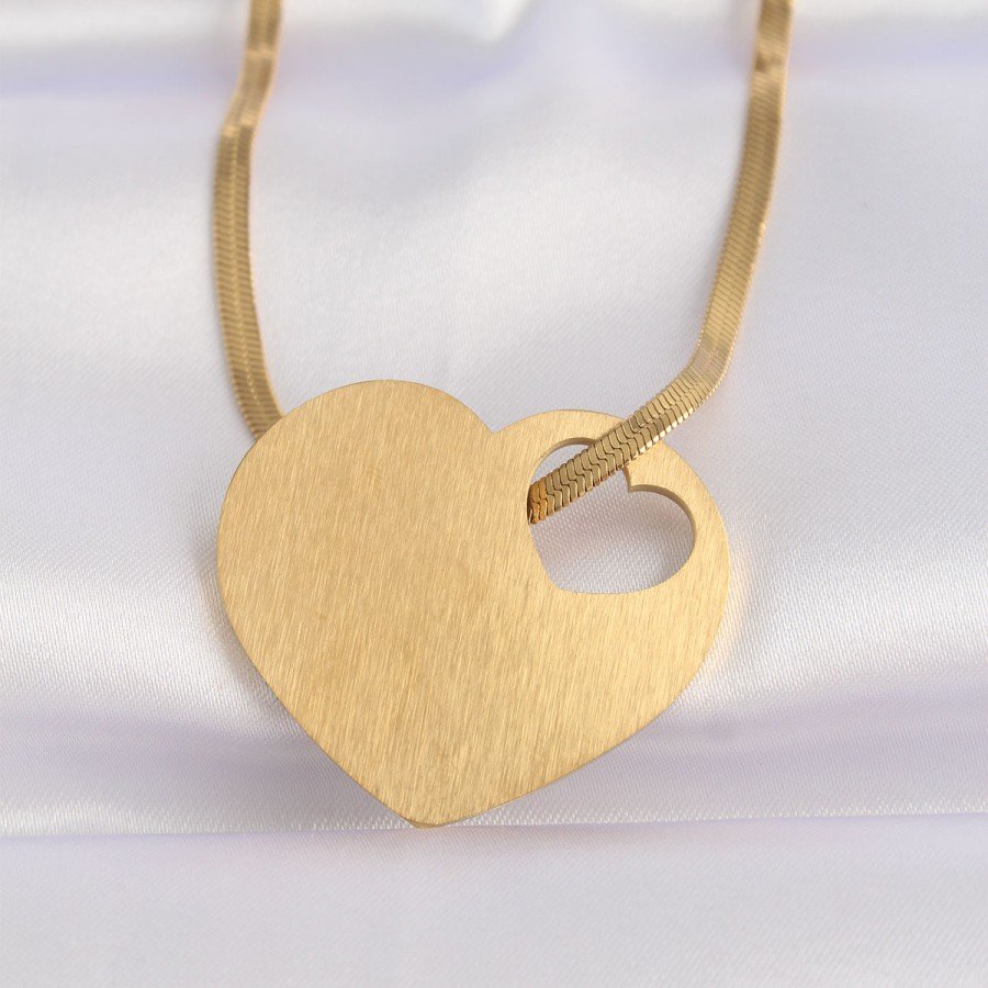 316L Steel Italian Chain Gold Color Flat Plate Heart Necklace