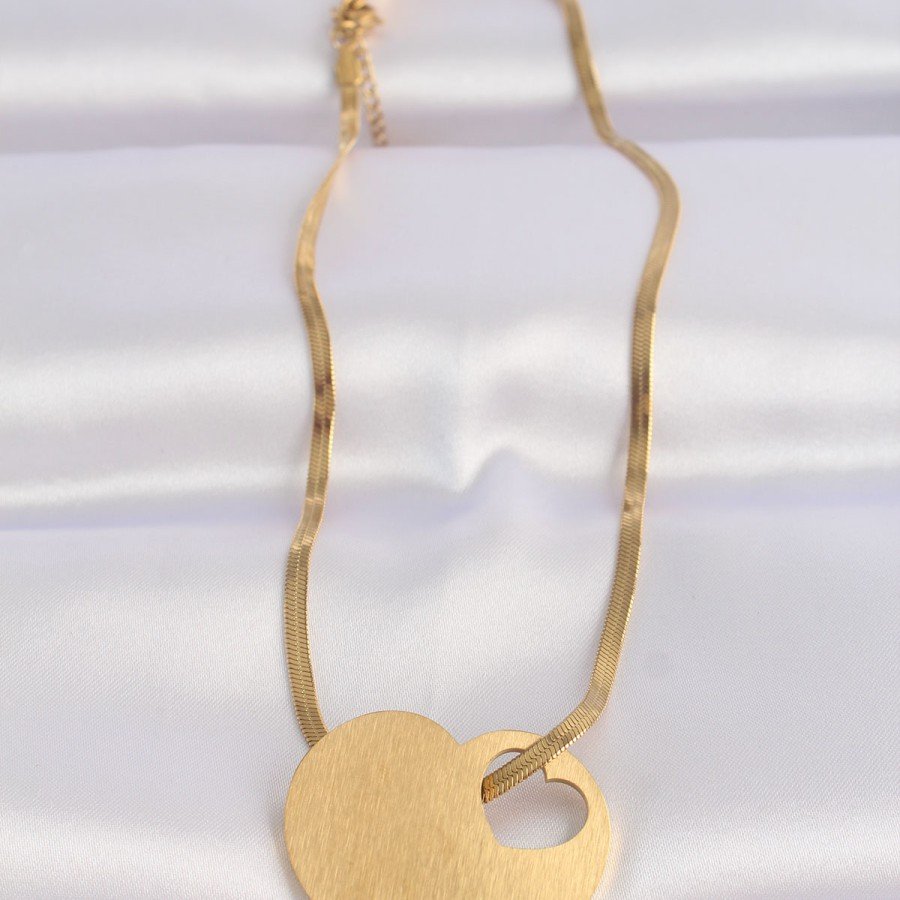 316L Steel Italian Chain Gold Color Flat Plate Heart Necklace