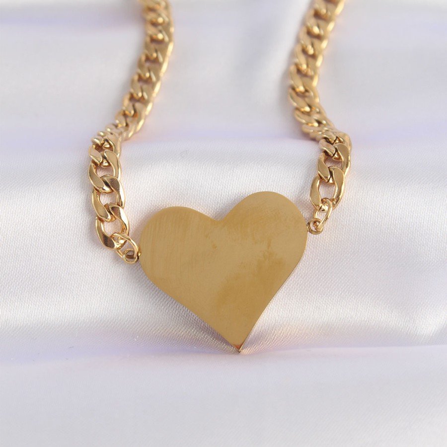 316L Steel Chain Gold Color Flat Plate Heart Necklace