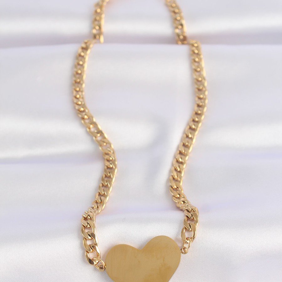 316L Steel Chain Gold Color Flat Plate Heart Necklace
