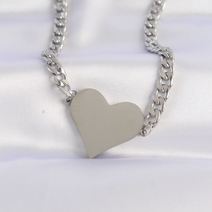 316L Steel Chain Silver Color Flat Plate Heart Necklace 316L Steel Chain Silver Color Flat Plate Heart Necklace
