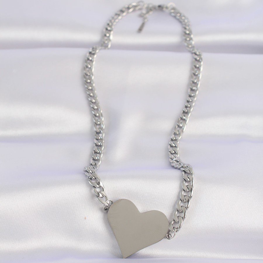 316L Steel Chain Silver Color Flat Plate Heart Necklace 316L Steel Chain Silver Color Flat Plate Heart Necklace