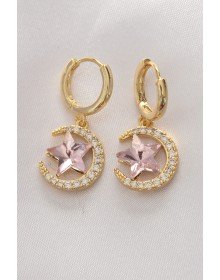 Brass Gold Color Pink Zircon Stone Star Detail Moon Earrings