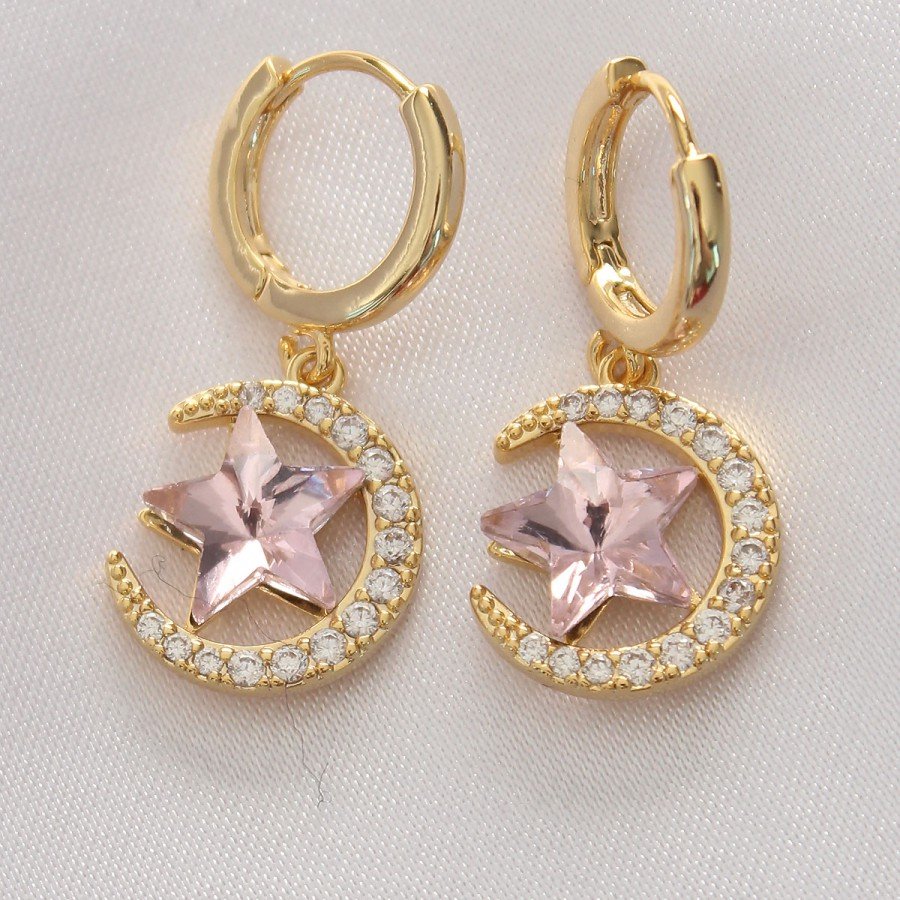 Brass Gold Color Pink Zircon Stone Star Detail Moon Earrings