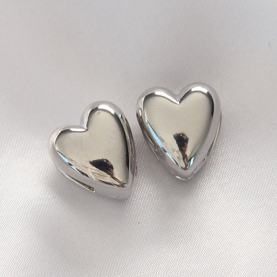 Brass Silver Color Minimal Domed Heart Earrings