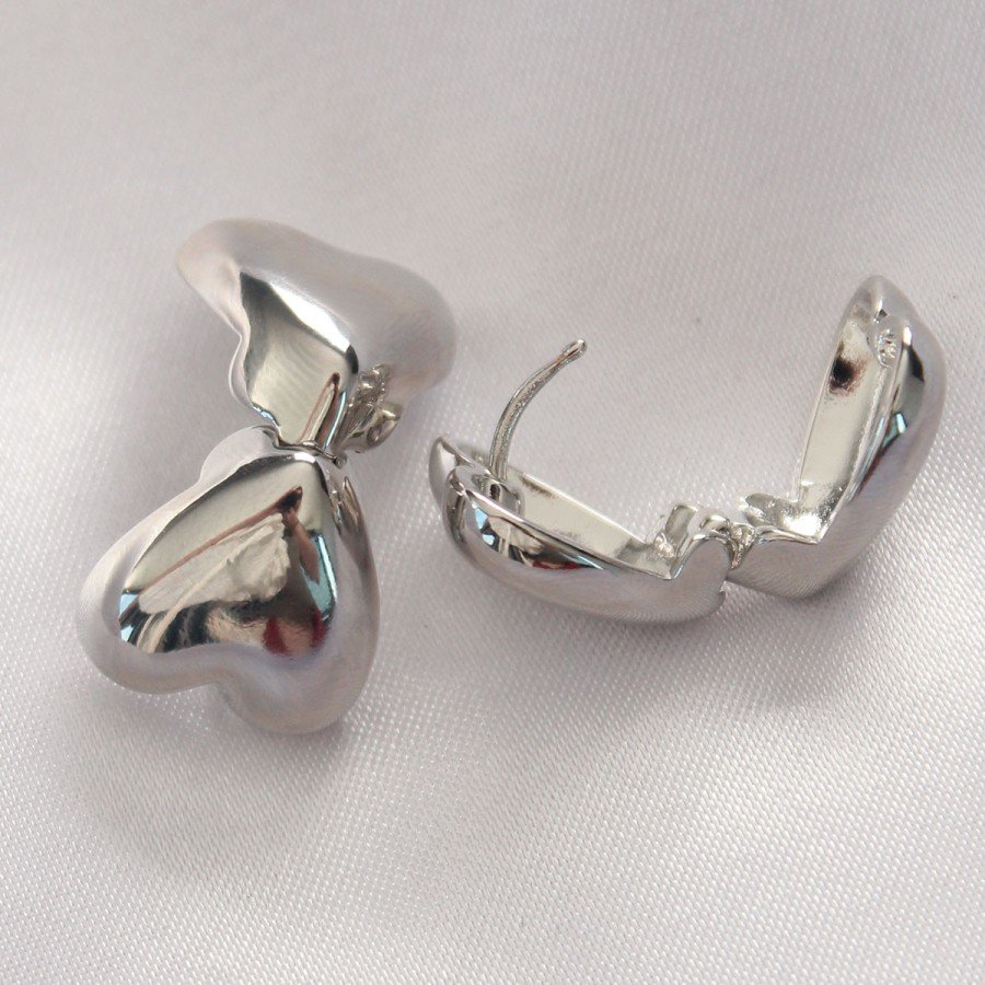 Brass Silver Color Minimal Domed Heart Earrings