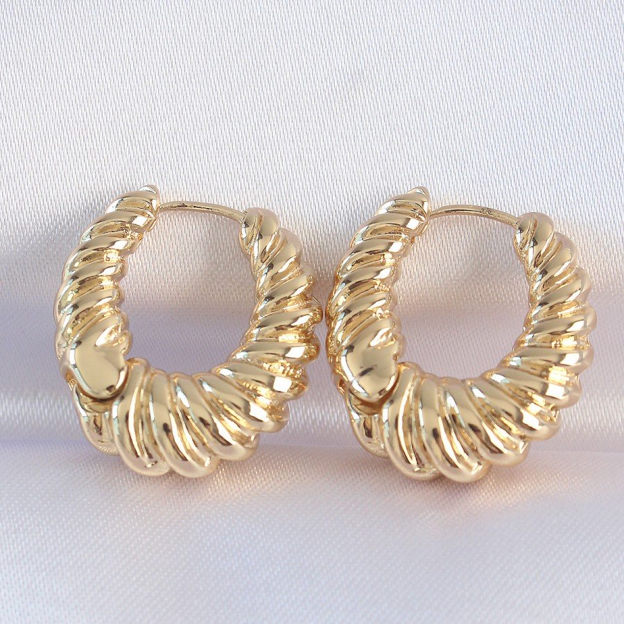 Brass Gold Color Serrated Detail Domed Hoop Earrings