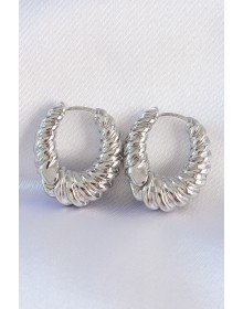 Brass Silver Color Serrated Detail Domed Hoop Earrings