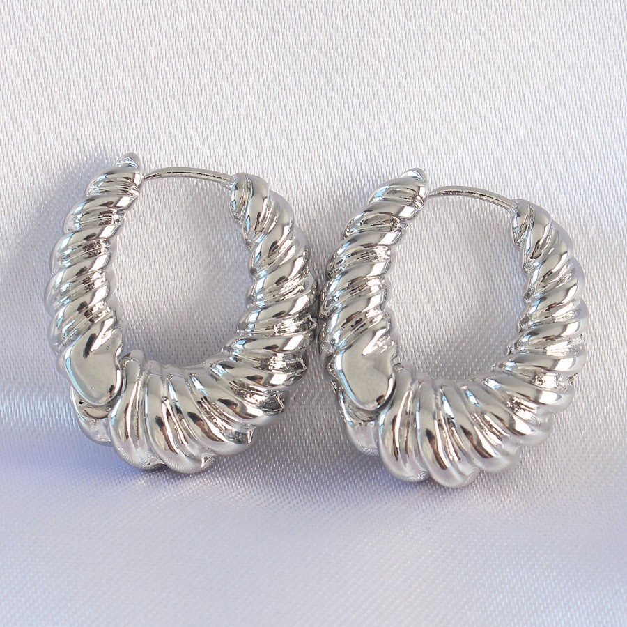 Brass Silver Color Serrated Detail Domed Hoop Earrings