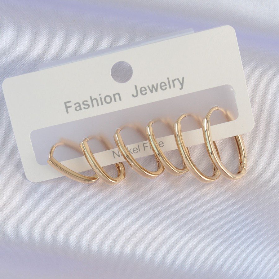 Brass Gold Color Thin Oval Earring Set