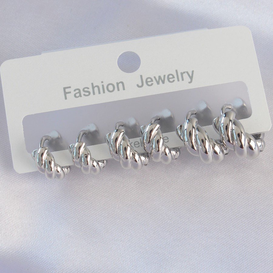 Brass Silver Color Minimal Serrated Earring Set