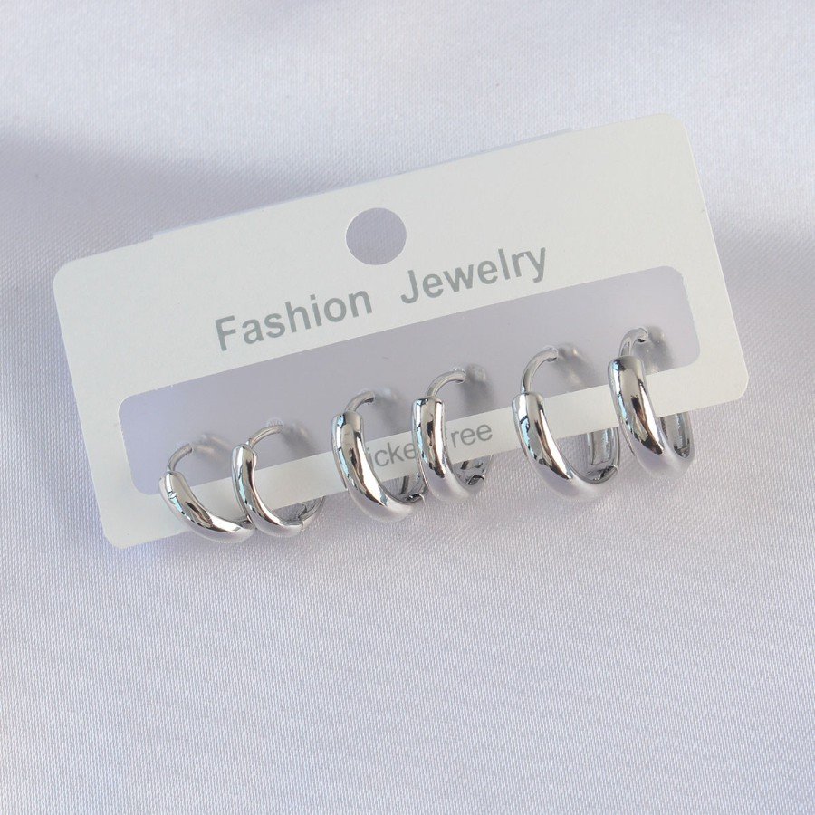 Brass Silver Color Oval Domed Earring Set