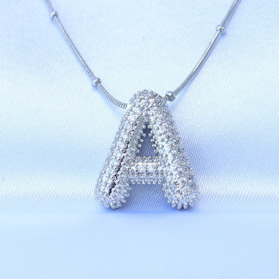 Silver Color Bubble Necklace with Zircon Stone and Letter A on 316L Steel Chain