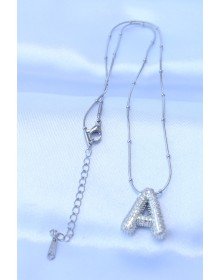 Silver Color Bubble Necklace with Zircon Stone and Letter A on 316L Steel Chain