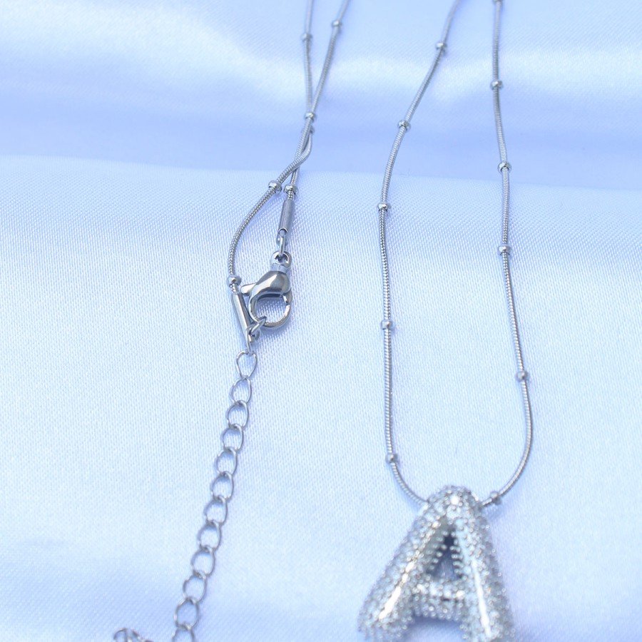 Silver Color Bubble Necklace with Zircon Stone and Letter A on 316L Steel Chain