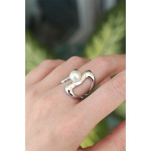 Brass Silver Color Adjustable Pearl Stone Ring