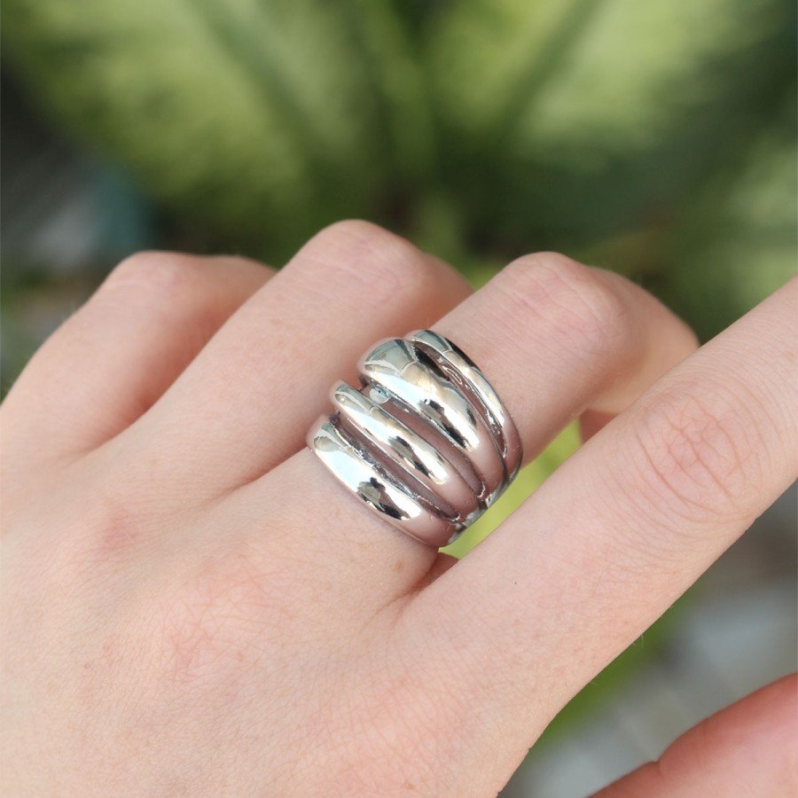 Brass Silver Color Adjustable Serrated Diagonal Ring
