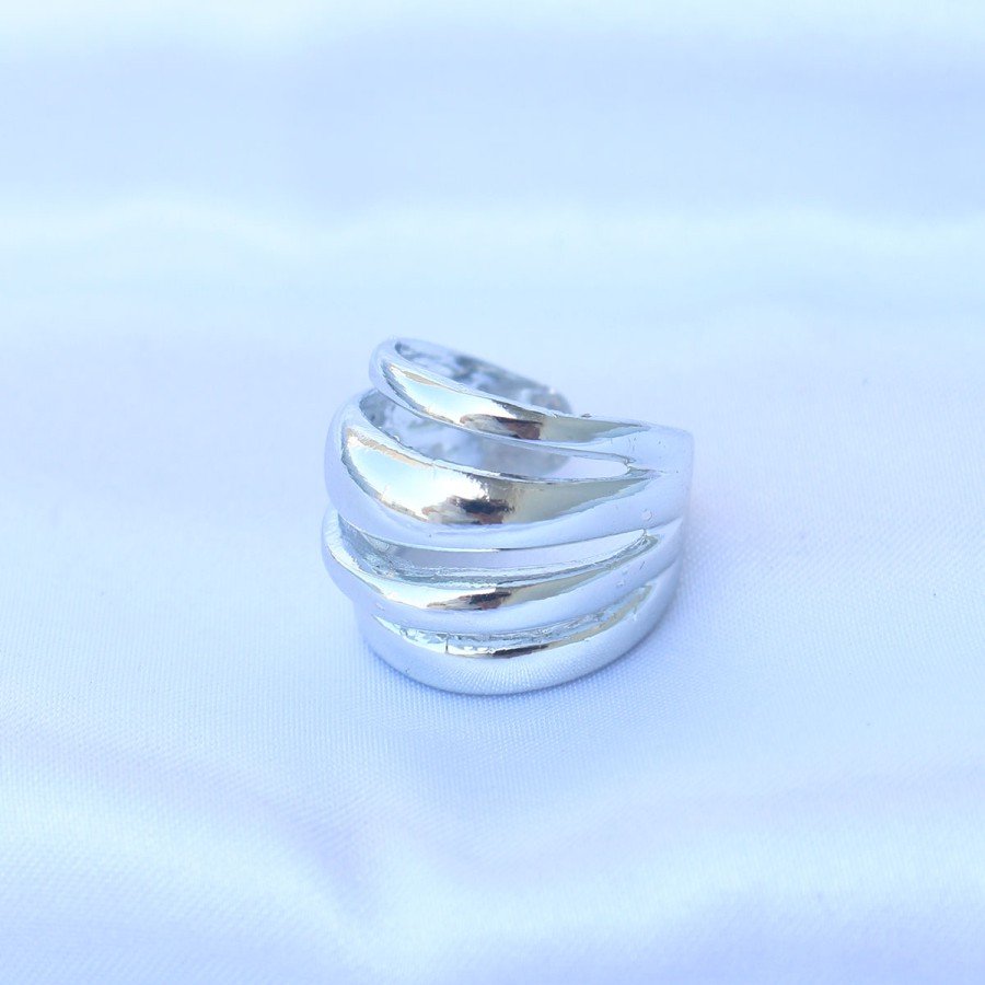 Brass Silver Color Adjustable Serrated Diagonal Ring