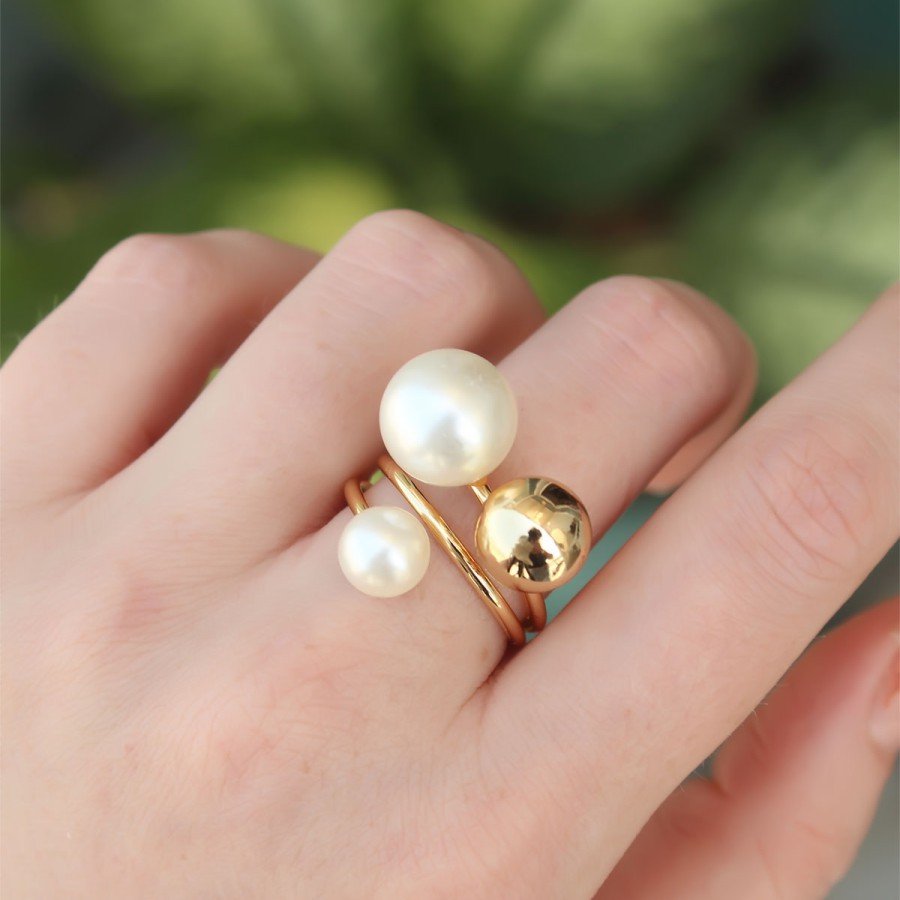 Brass Gold Color Adjustable Pearl Stone Ring