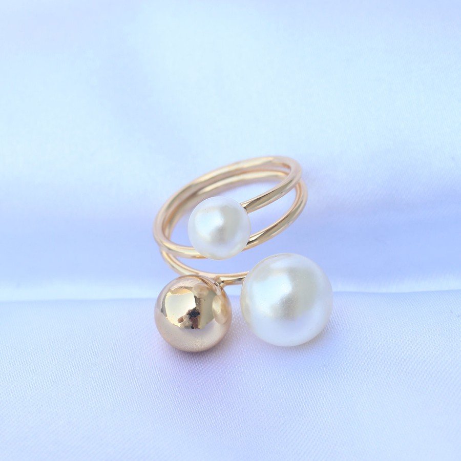 Brass Gold Color Adjustable Pearl Stone Ring