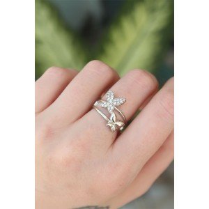 Brass Silver Color Adjustable Zircon Stone Butterfly Ring